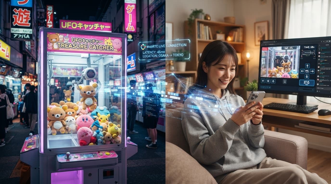 Concept image: operating a real Japanese claw machine from home, in real time